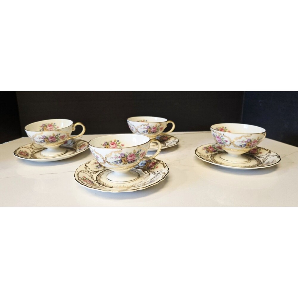 4 Sets Rosenthal Continental Ivory Queen's  Bouquet Demitasse Cups & Saucers